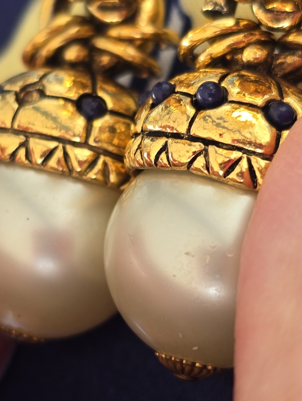 Loewe Vintage Gold-Tone Pearl Drop Clip On 2.25"Earrings with Blue Accents - Picture 5 of 8